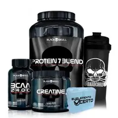 Whey Protein 7 + BCAA + Creatina - Black Skull + Coqueteleira - Black Skull