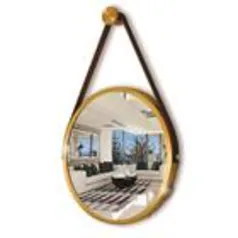 Espelho Redondo Decorativo Suspenso Com Alça 40cm + Suporte Dourado Alça Caramelo