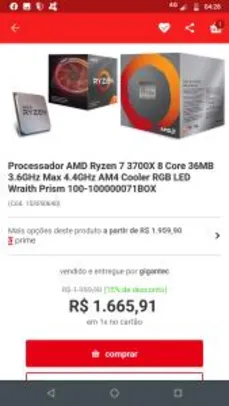 Processador AMD Ryzen 7 3700X 8 Core 36MB 3.6GHz Max 4.4GHz AM4 Cooler RGB LED Wraith Prism 100-100000071BOX R$1665