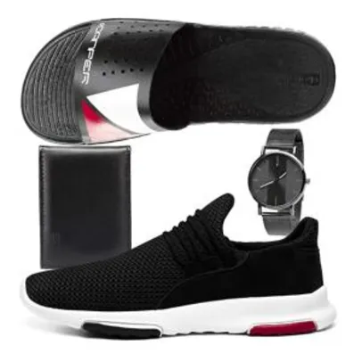 Kit Tênis Sneaker Leve Masculino Conforto Com Chinelo Slide Esportivo + Relógio e Carteira