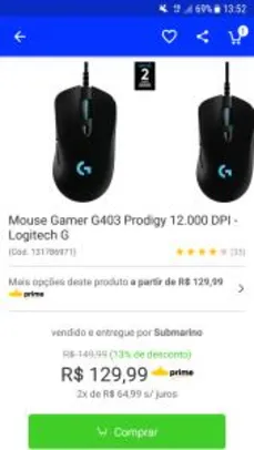[APP + Cartão Submarino ] Mouse Gamer G403 Prodigy 12.000 DPI - Logitech por R$ 111