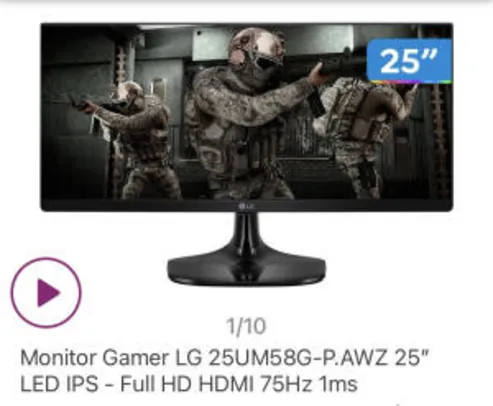 Monitor Gamer LG 25UM58G-P.AWZ 25” LED IPS - Full HD HDMI 75Hz 1ms | R$ 906