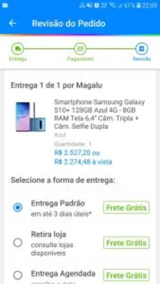 Smartphone Samsung Galaxy S10+ 128GB Azul 4G - 8GB RAM Tela 6,4” R$2274