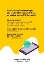 [Usuários selecionados] 10 reais de volta na carteira Yellow ao recarregar seu celular