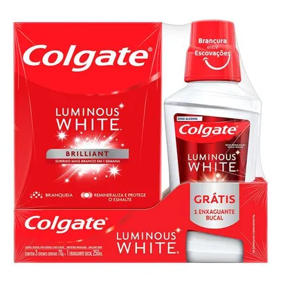 Saindo por R$ 5,9: Creme Dental para Clareamento Colgate Luminous White Brilliant Mint 70g 3 Unidades + Enxaguante Bucal 250ml | Pelando