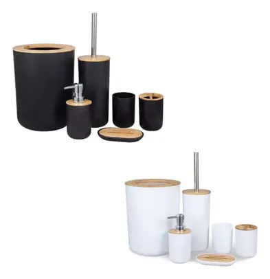 Kit Banheiro Luxo Conjunto Completo 6pçs Bambú Com Lixeira