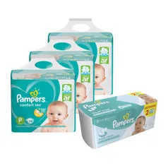 Kit Pampers - Fralda P Confort Sec Super 222 UN + Lenço Umedecido Fresh Clean 96 UN