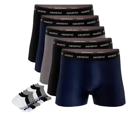 Kit 5 Cuecas Boxer Masculinas Adulto Box + 6 Meias Original