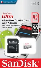 Cartão de Memória SanDisk Micro SD, 64GB Classe 10 | R$60