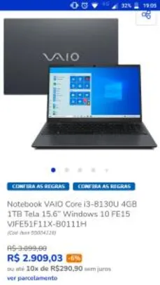 Notebook VAIO Core i3-8130U 4GB 1TB Tela 15.6” R$2909