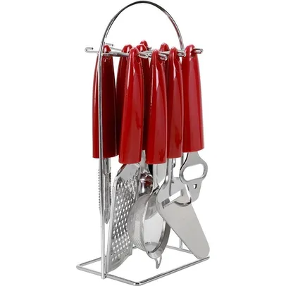 [AME SC R$ 9] Conjunto de Utensílios 9 Peças com Suporte Vermelho - Casual Home