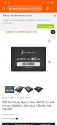 SSD Rise Mode Gamer Line, 480GB, Sata III, Leitura 535MBs e Gravação 435MBs, RM-SSD-480