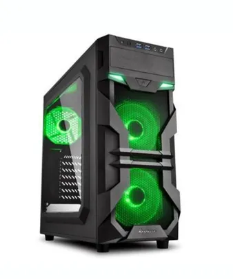 Gabinete Gamer Sharkoon VG7-W, Mid Tower, LED Verde, 3 Coolers, Lateral em Acrílico, Preto | R$200