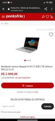 Notebook Lenovo Ideapad S145 I7 8GB 1TB Geforce MX110 15,6" | R$3.000