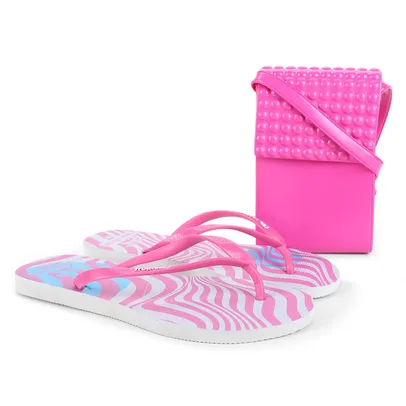 Kit Chinelo Tropical Brasil Estampado Slim e Bolsa Transversal Feminino