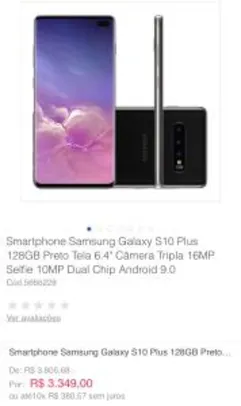 Smartphone Samsung Galaxy S10 Plus 128GB Preto Tela 6.4" Câmera Tripla 16MP Selfie 10MP Dual Chip Android 9.0