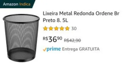 [PRIME] Lixeira Metal Redonda Ordene Br Preto 8. 5L | R$36