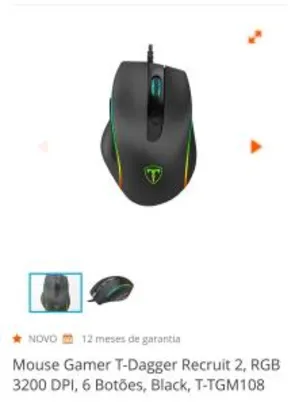 Mouse Gamer T-Dagger Recruit 2, RGB 3200 DPI, 6 Botões, Black, T-TGM108