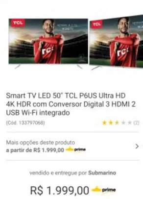 [299 de cashback no AME] Smart TV LED 50” TCL 4K/Ultra HD P65US - R$ 1999