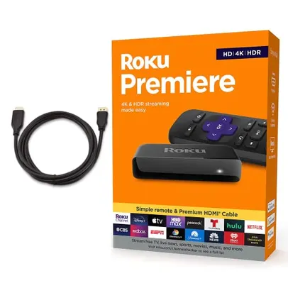 Roku Premiere Streaming Media Player HD/4K/HDR Cabo HDMI remoto simples e Premium HDMI