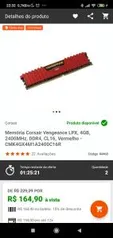 [LEIA A DESCRIÇÃO] Memória Corsair Vengeance LPX, 4GB, 2400MHz, DDR4, CL16, Vermelho - R$165