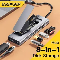 Hub Essager 8 in 1 USB C = NVME + HDMI + USB-C 100w + USB-C 10Gb + USB 3.2 e 2.0 + Leitor SD/TF