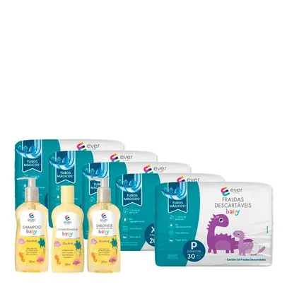 Kit Ever Care Fralda Descartável Baby XG 20 Unidades 4 Pacotes + Fralda P 30 Unidades + Shampoo + Condicionador + Sabonete Líquido