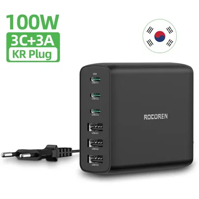 Carregador Rocoren 100W 6 Portas [3 USBC + 3 USBA]