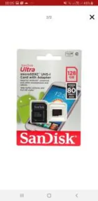 Cartão de memória micro SD 128gb 80mb/s ultra com adaptador SD - SanDisk | R$ 81