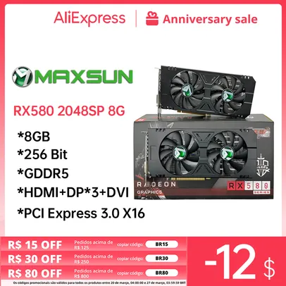 Placa de Vídeo RX580 8gb amd radeon 256bit 2048sp gddr5