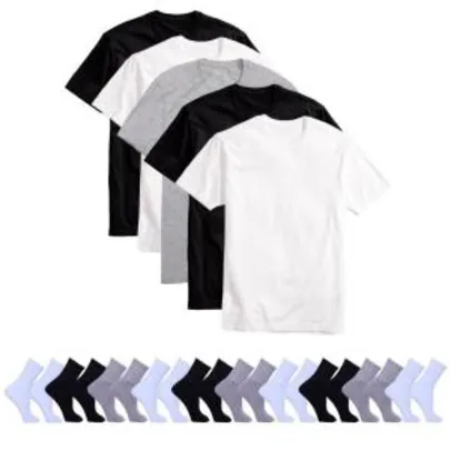 Kit 5 Camisetas Básicas Masculina T-shirt Algodão + 10 Pares De Meia Colors - R$80