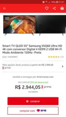 [R$2636 com Ame] Smart TV QLED 55" Samsung 55Q60 4K - R$3099
