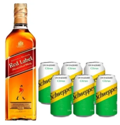 [Leve 2] Whisky Johnnie Walker Red Label 1 L + 6 Tônicas Schweppes Citrus sem Açúcar Lata 350 ml 