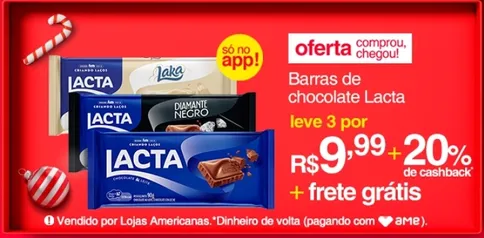 [AME 20%] Leve 3 Barras de Chocolate Lacta 90G 