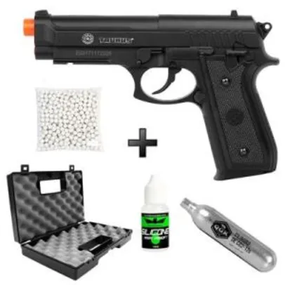 Kit pistola de Airsoft CO2 Cybergun Taurus PT 92 Nylon + Maleta + Co2 + 500bbs + Silicone - R$333