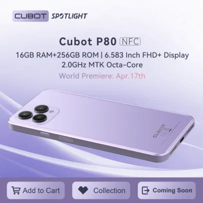 Cubot P80, 2023 Novo smartphone, versão global, 16GB RAM(8GB + 8GB Estendido), 256GB de ROM, NFC, Ec