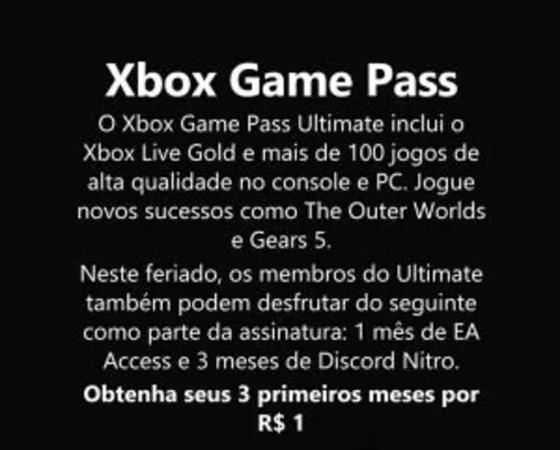 (Só no Feriado) 3 meses de Game Pass (PC e Xbox One) + 1 mês de EA Access + 3 meses de Discord Nitro