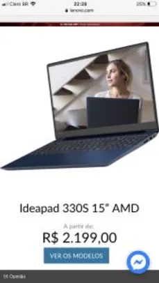 Notebook Lenovo Ideapad 330S 15” AMD Ryzen 5-2500u, 4GB (soldado) DDR 2400MHz, 1TB (5400rpm) - 81JQ0000BR - R$2199