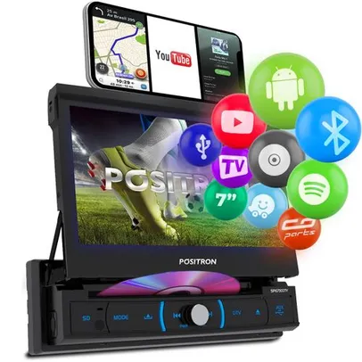 Central Multimidia Retrátil Pósitron SP6730DTV 7” 1 Din Espelhamento Android Bluetooth DVD MP3 USB