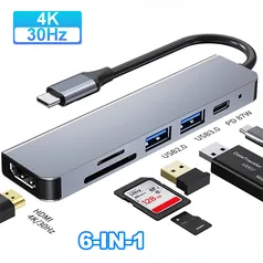 [Com Taxa] Adaptador USB Tipo C Hub para Macbook, Compatível com HDMI 6 em 1 PD 87W