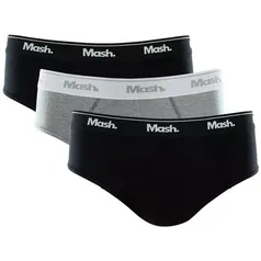 Kit Cueca Mash Slip de Algodão 3 Peças – Preto/Cinza Mescla/Preto