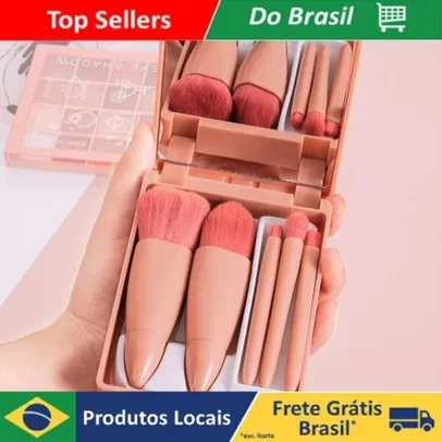 Mini Espelho De Maquiagem Portátil Com 5 Pcs Pincéis De Maquiagem Lupa Mão Segurar Bolso Dobrável Ma