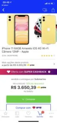 iPhone 11 64GB Amarelo iOS 4G Wi-Fi Câmera 12MP - Apple
