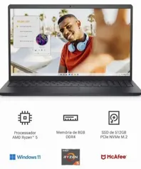 Notebook Dell Inspiron I15-A0507-M10P 15.6" Full HD AMD Ryzen™ 5 8GB 512GB SSD Windows 11 Preto