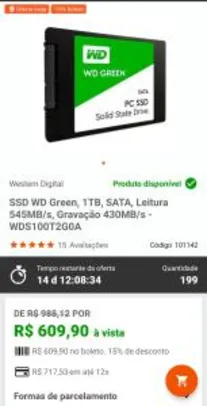 Ssd WD green 1TB Sata | R$610