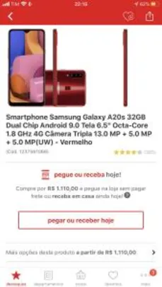 Smartphone Samsung Galaxy A20s 32GB | R$ 999