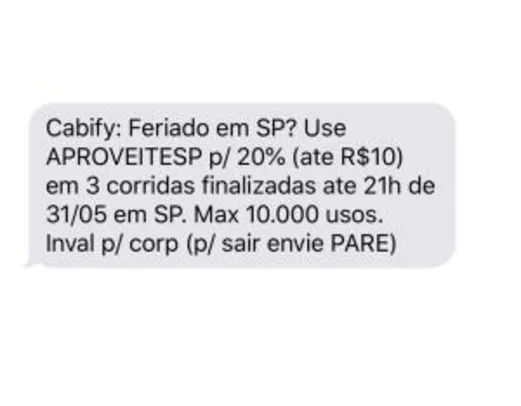 Cupom 20% (até R$ 10) 3 corridas 31/05 [SP]