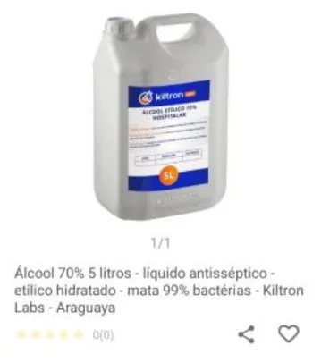 Álcool 70% 5 litros - líquido antisséptico - etílico hidratado - Kiltron Labs
