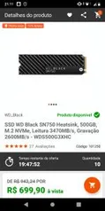 SSD WD Black SN750 Heatsink, 500GB, M.2 NVMe | R$700