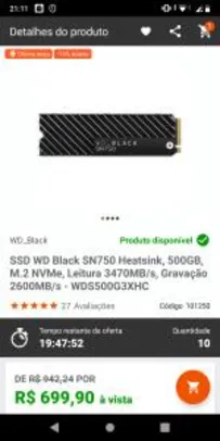 SSD WD Black SN750 Heatsink, 500GB, M.2 NVMe | R$700